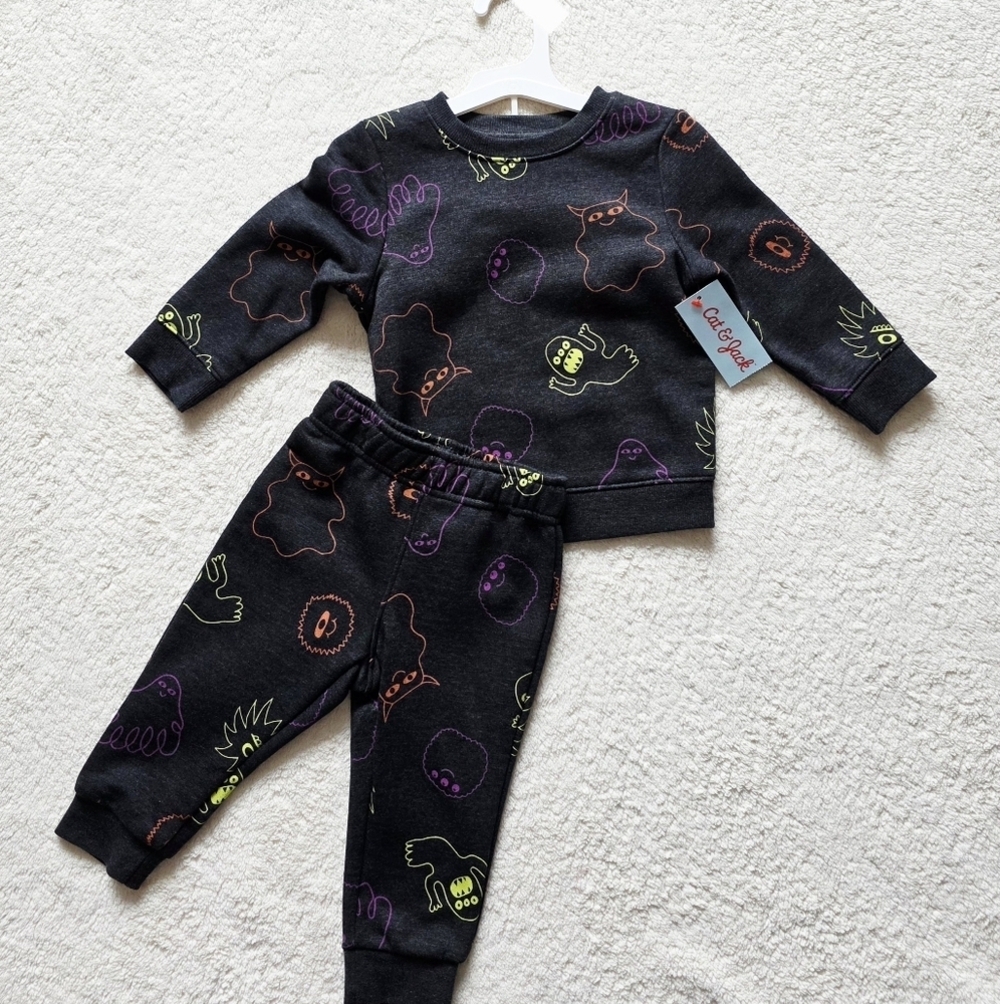 Nwt Toddler Boy's 18m 2t Skeleton monster Halloween Fleece sweatshirt outfit set